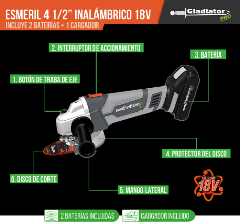 ESMERIL 4 1/2'; INALAMBRICO 18v 2BAT - Imagen 4