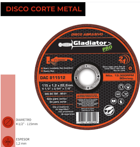 DISCO CORTE 4 1/2" x 1.2mm METAL/INOX GLADIATOR